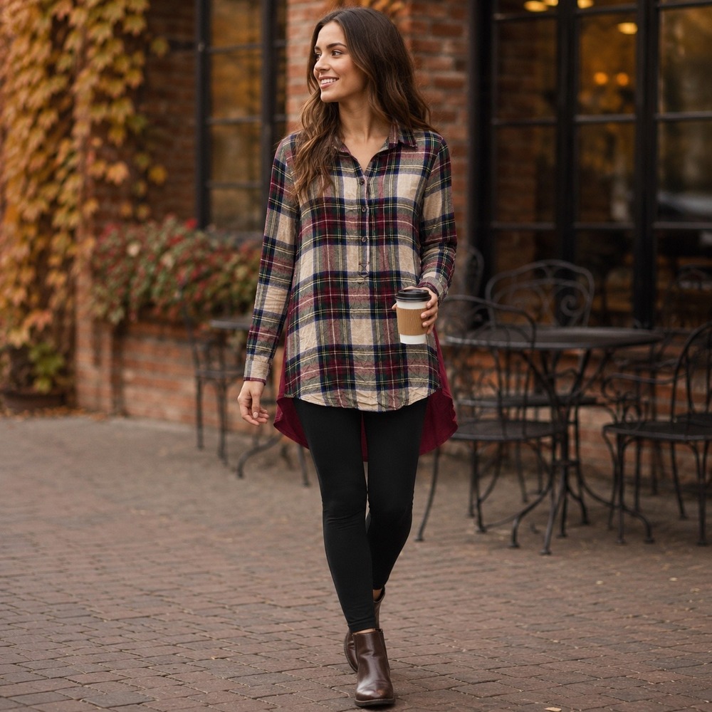 Marleylilly Plaid Colorblock High-Low Tunic Shirt Burgundy Rayon XS NWT